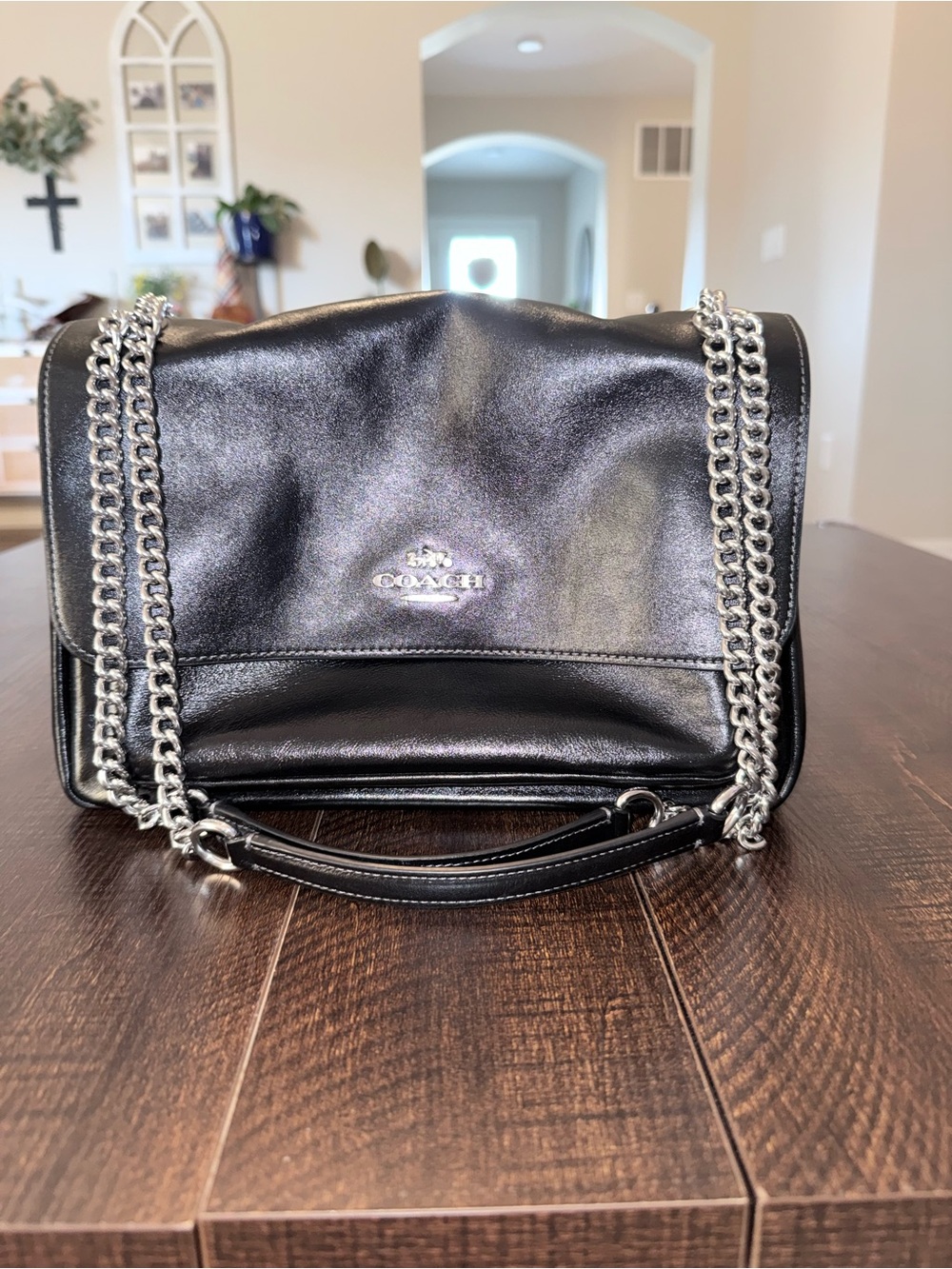 Coach Black Leather Elodie with Silver Chain Detail
